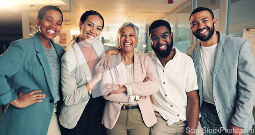 Image of Happy, team building and portrait of business people in office for diversity and collaboration. Smile, confident and professional woman manager with group of creative designers in modern workplace.