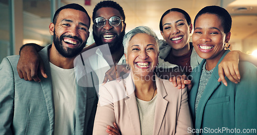 Image of Happy, team building and portrait of business people in office for diversity and collaboration. Smile, confident and professional woman manager with group of creative designers in modern workplace.