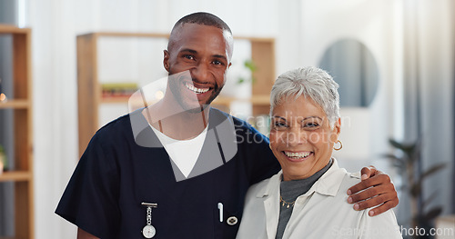 Image of Support, homecare and face of caregiver with senior woman in a living room with happy, hug or bonding. Healthcare, portrait and man nurse embrace old patient with service, recovery or progress pride