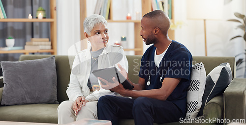 Image of Old woman, man and tablet, caregiver with patient for healthcare and medical information or help with social media. Support, African nurse for elderly care and tech, telehealth and how to work app