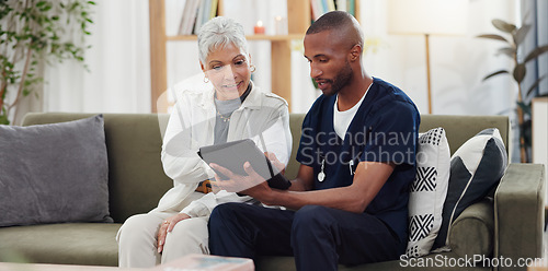 Image of Old woman, man and tablet, caregiver with patient for healthcare and medical information or help with social media. Support, African nurse for elderly care and tech, telehealth and how to work app