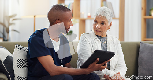 Image of Elderly woman, man and tablet, caregiver with patient for healthcare and medical information or help with social media. Support, African nurse for senior care and tech, telehealth and how to work app