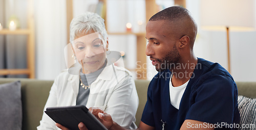 Image of Elderly woman, man and tablet, nurse with patient for health and medical information or help with social media. Support, African caregiver for elderly care and tech, telehealth and how to work app