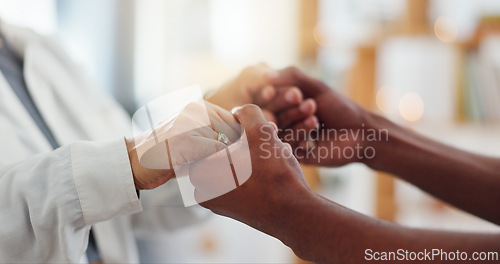 Image of Holding hands, homecare or empathy by caregiver for senior woman in a house with kindness, comfort or support closeup. Hope, recovery or nurse and old person with understanding, trust or compassion