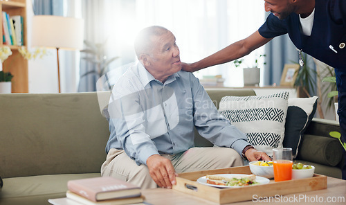 Image of Senior, woman and nurse or breakfast with support, conversation and caregiver in living room of retirement. Elderly, person and black man with kindness, happiness and discussion while serving a meal