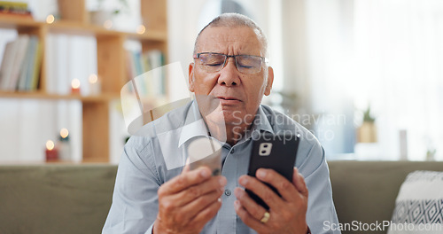 Image of Phone, pills and senior man at home, reading label, medicine information and confused for telehealth service or FAQ. Elderly person on sofa with pharmaceutical bottle or tablet with mobile questions