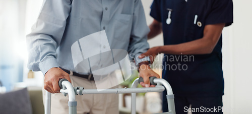 Image of Hands, nurse and walking frame with senior person for healthcare service, retirement support and homecare. Medical worker or caregiver helping an elderly patient with disability for physiotherapy