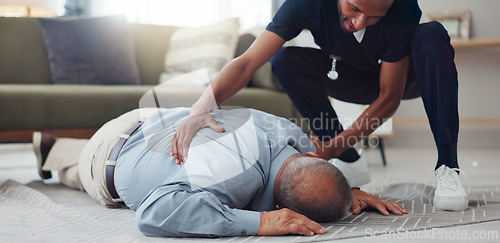 Image of Fall, accident and senior man with nurse with heart rate check at home with caregiver and support from injury. Retirement, nurse and risk of patient faint on ground with healthcare professional