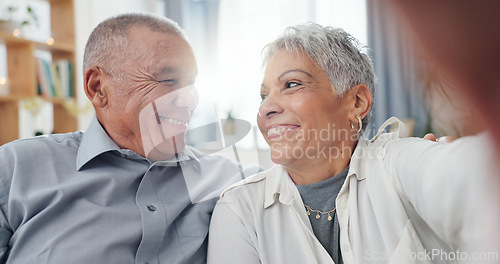 Image of Senior couple, selfie and living room at home with smile, love and care together on a sofa. Social media, happy and face in a lounge with support and laughing in retirement with marriage on a couch