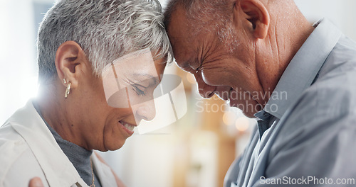 Image of Love, hug and senior couple in their home for support, happy together and affection with laugh or smile. Elderly woman and man with eyes closed for prayer in marriage, mindfulness and romance or care