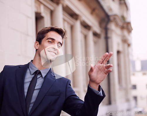 Image of Business travel, happy man and taxi hand sign. in a city for morning commute, signal or gesture outdoor. Finger, emoji or lawyer with symbol for metro transportation, cab or bus, service or chauffeur