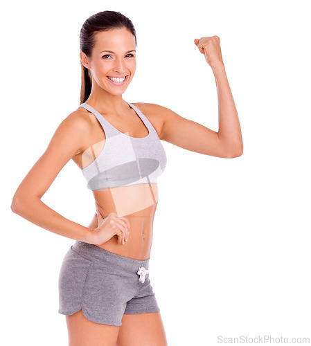 Image of Portrait, fitness and flexing with woman, smile and progress isolated on white studio background. Person, mockup space or strong with model and achievement with exercise goals or training with energy