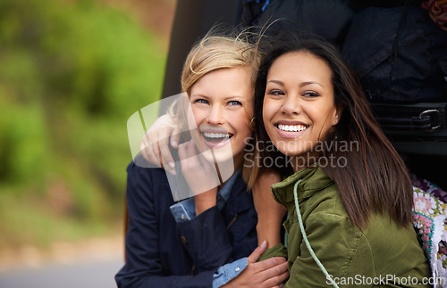 Image of Happy woman, friends and hug for road trip, vacation or outdoor holiday together at the back of a van. Female person with smile for friendship, summer break or freedom in relax by vehicle or car