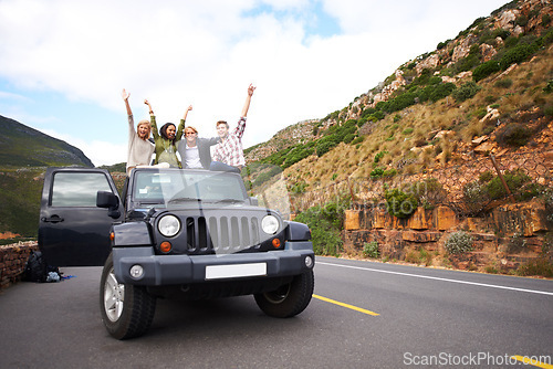 Image of Happy friends, celebration and road trip in roof of car for holiday weekend, travel or outdoor vacation. Excited group of people with hands in air for vehicle transportation, traveling or journey