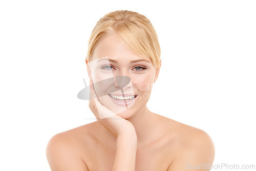 Image of Happy, beauty and portrait of woman in studio with natural, health and wellness face routine. Smile, skincare and female model from Australia with facial dermatology treatment by white background.