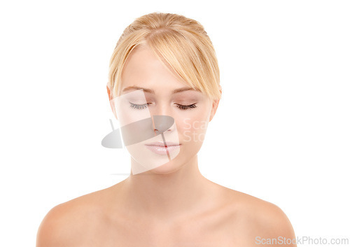 Image of Skincare, beauty and calm woman in studio with natural, health and wellness face routine. Cosmetic, confident and young female person with facial dermatology treatment for glow by white background.