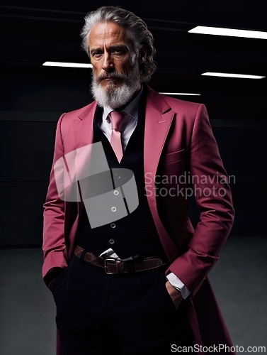 Image of Elegant Senior Man in Stylish Pink Suit Posing Confidently