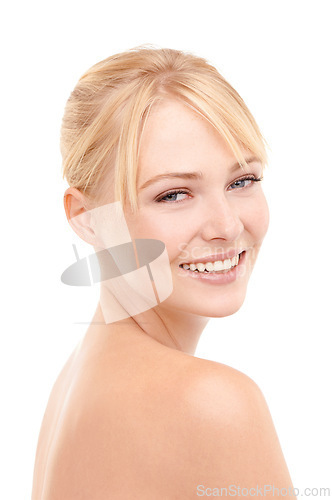 Image of Skincare, cosmetic and portrait of woman in studio with natural, health and beauty face routine. Wellness, smile and female model from Australia with facial dermatology treatment by white background.