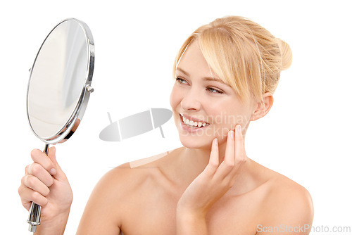 Image of Mirror, face and woman with skin for beauty, natural glow and smile isolated on white background. Clean, skincare and vanity with admiring reflection, dermatology and wellness with cosmetic care