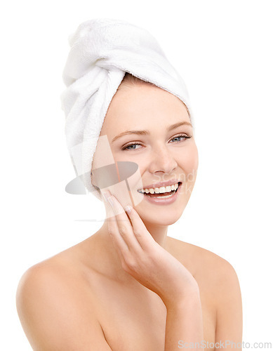 Image of Smile, skincare and portrait of woman in studio for dermatology, beauty or natural spa treatment. Happy, female person and hand on face for wellness, cosmetics and hygiene on white background