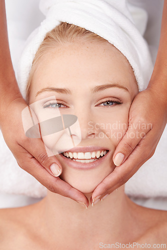 Image of Face massage, skincare and top view of woman with hands, beauty spa treatment and wellness, facial and dermatology for glow. Happy, benefits of pamper cosmetics and antiaging self care with masseuse