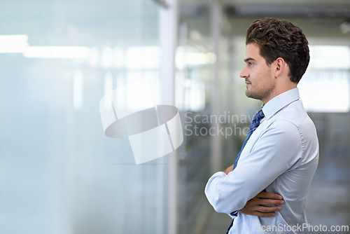 Image of Man, business and arms crossed in office for thinking, ideas and vision for corporate enterprise work. Professional businessman, confidence and brainstorm for planning for job, career and workplace