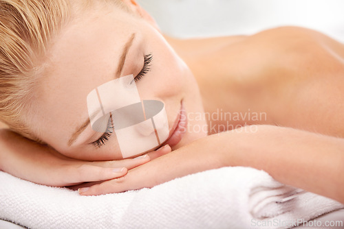 Image of Relax, sleep and face of woman at spa for luxury holistic treatment, facial health and professional massage therapy. Self care, peace and refresh for girl on bed with body wellness, rest and hotel.