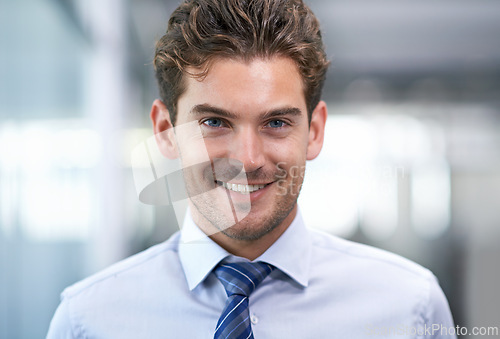 Image of Man, business and portrait in office for entrepreneurship, career and growth for corporate enterprise work. Professional businessman, confidence and employee smile for agency, company and workplace