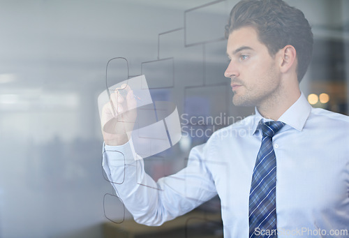 Image of Businessman, strategy and mindmap on glass wall for brainstorming, planning and vision in office. Idea, thinking and professional man with drawing for analysis, innovation and problem solving