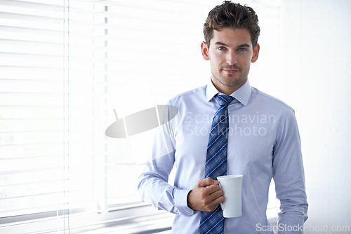 Image of Portrait, business and man with morning coffee, employee and financial consultant in a workplace. Face, office and broker with espresso and latte with trader on a tea break and person with startup