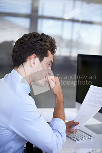 Image of Accountant, business and man reading contract, feedback for a project and compliance document. Financial report, consultant and employee with resignation letter and paperwork with review and thinking