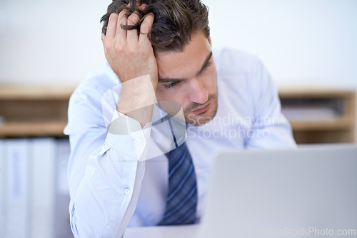 Image of Laptop, frustrated and business man with stress, fail or mistake with glitch in office. Computer, depression or serious professional with bankruptcy, taxes or challenge of financial crisis with error