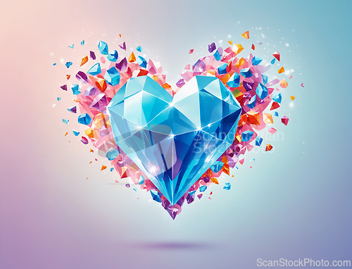 Image of Abstract blue heart in the form of a gemstone surrounded by colo