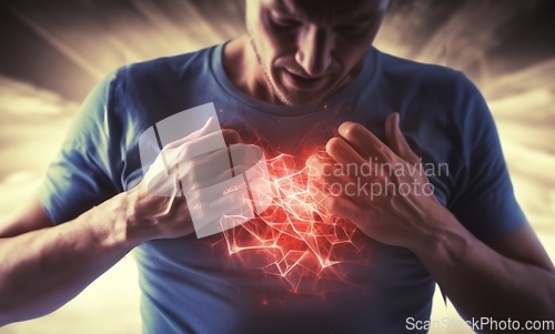 Image of Vivid holographic animation depicts a heart attack within the human body, merging technology and medical education seamlessly.Generated image