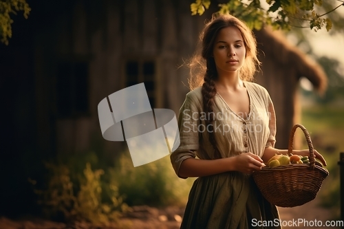 Image of A beautiful traditional woman exudes charm while holding a basket, capturing the essence of cultural elegance and ethnic beauty within the serene surroundings