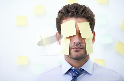 Image of Face cover with sticky notes, business and man with fatigue, tired and burnout with mistake and overworked. Person, employee and corporate with professional and frustrated with anxiety and consultant