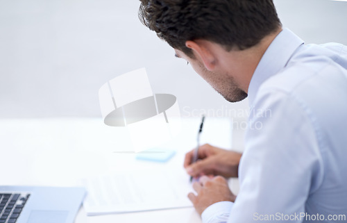 Image of Man writing, contract and business with report and compliance document with accountant and employee. Person, worker or consultant with document or paperwork with information, professional or feedback