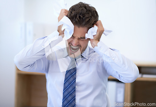 Image of Businessman, head and angry with crumpled paper, burnout and mistake for frustration, debt and headache. Stressed employee, worker and report for bills, worried and failure with audit or deadline