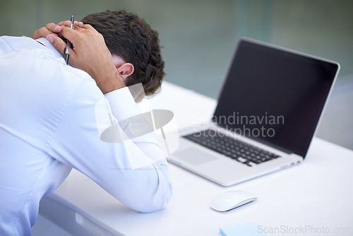Image of Business, neck pain and man with laptop, frustrated and deadline with burnout and professional. Person, office and employee with computer and startup with fatigue and tired with a mistake and fail