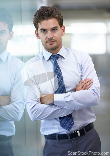 Image of Businessman, portrait and confident with arms crossed in office for professional career in finance, serious and pride. Entrepreneur, face of employee and relax with break and auditing at workplace