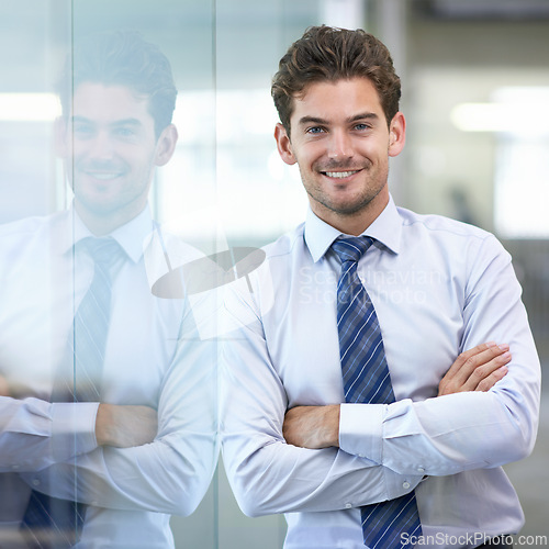 Image of Businessman, portrait and office for formal, confidence and in professional workspace. Male person, arms crossed and smile for ambition, startup and entrepreneur for career and project management