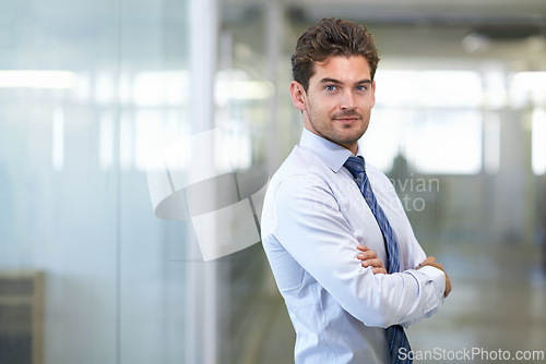 Image of Businessman, portrait and smile with arms crossed in office for professional career in finance, confidence and pride. Entrepreneur, face of employee and happy for relax, break or mockup space at work