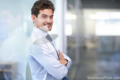 Image of Businessman, portrait and smile with arms crossed in office for professional career in finance, confidence and pride. Entrepreneur, face of employee and happy for relax, break or mockup space at work