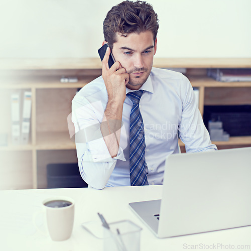 Image of Business, phone call and man with laptop, connection and planning with conversation and thinking. Financial trader, employee or accountant with cellphone or mobile user with digital app or discussion