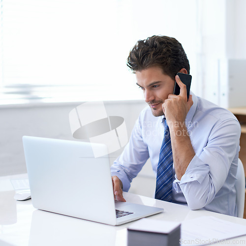 Image of Businessman, office and laptop in phone call for meeting with client for consultation, update and negotiate terms. Feedback, agreement and discussion with stakeholder for project plan and strategy