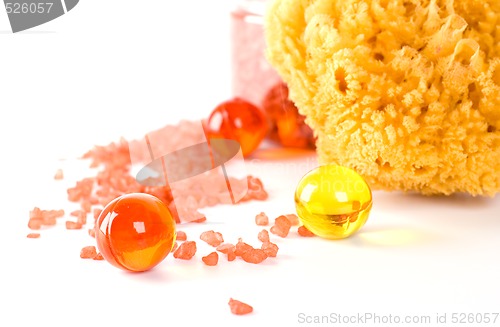 Image of natural sponge, bath salt and oil balls