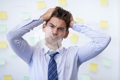 Image of Portrait, stress and man with business, headache and employee with anxiety and pain. Face, person and worker with migraine or frustrated with burnout or depression with accountant, mistake or finance