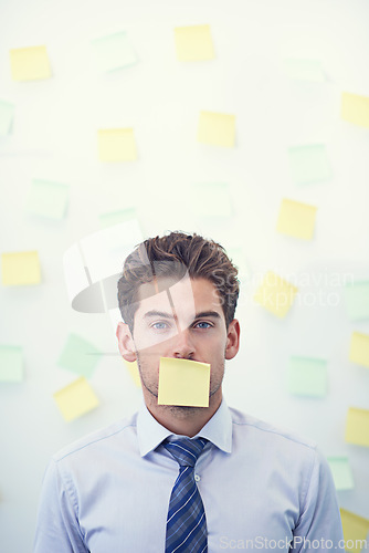 Image of Man, portrait and sticky note for business stress as schedule reminder for meeting list, deadline or brainstorming. Male person, employee and paper or New York corporate or memo, anxiety or burnout