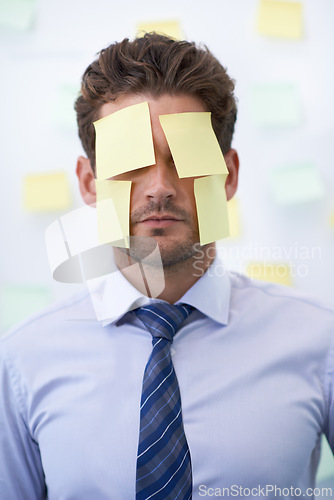 Image of Man, sticky note and face for business schedule as work reminder or list for meeting, deadline or brainstorming. Male person, employee and paper or New York corporate for memo, anxiety or burnout