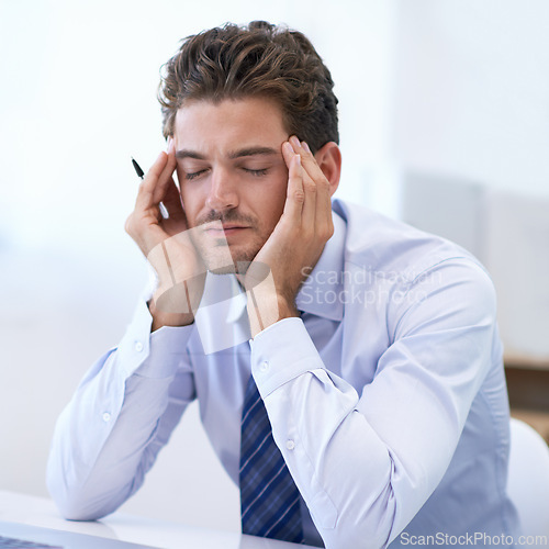 Image of Fatigue, headache and business man with pain, stress and anxiety for overwork in office. Migraine, depression and professional massage temples for burnout, sick and tired person frustrated in company